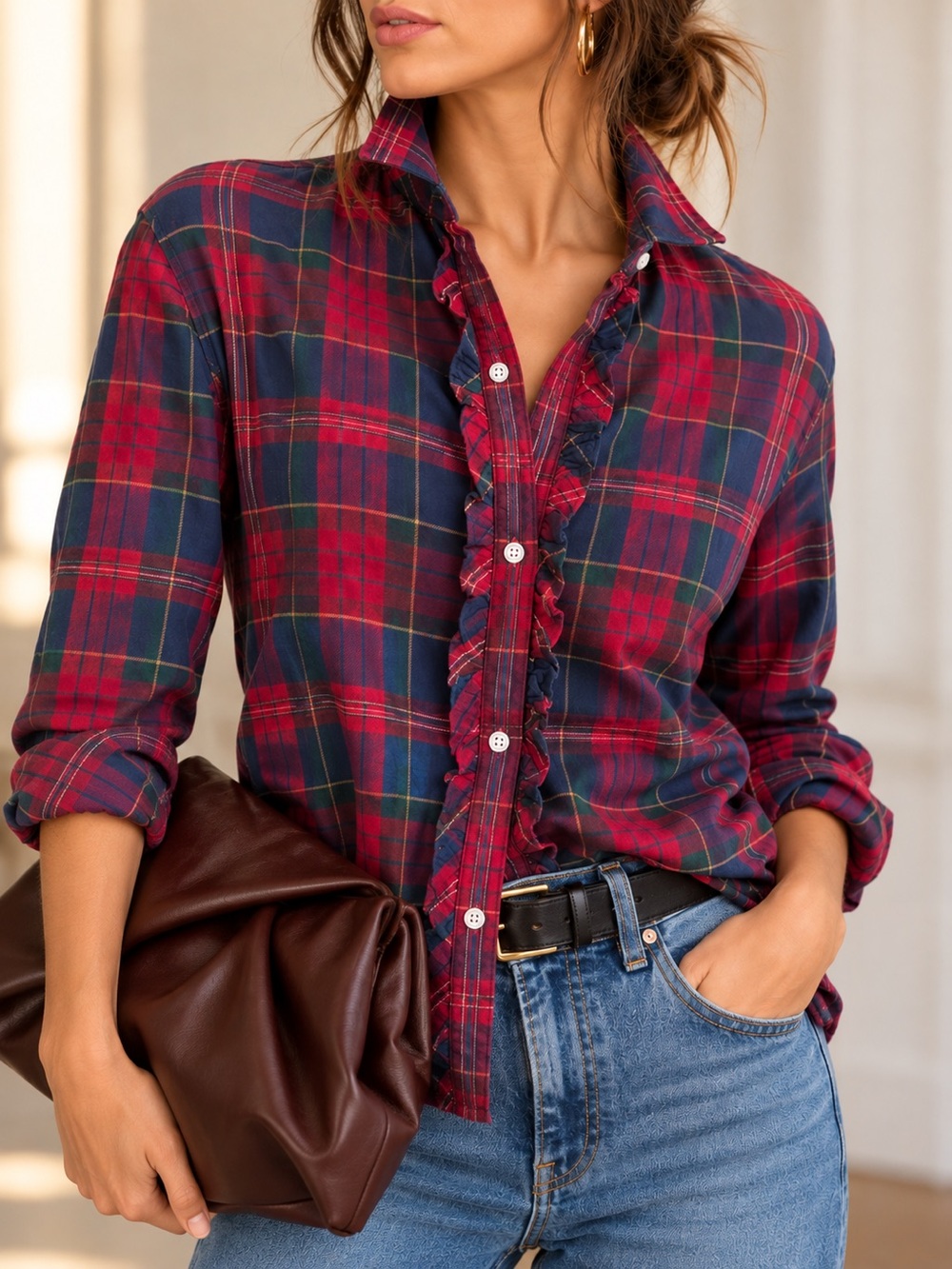 Lauren Ralph Lauren Plaid Ruffle Button Down Shirt Red Navy Green L